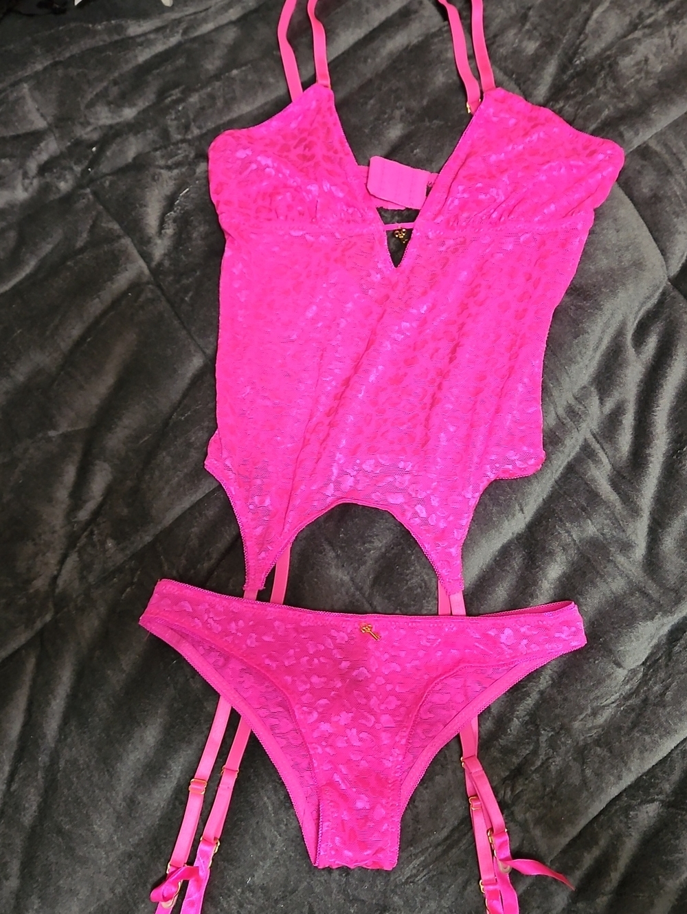 Hot Pink Lace Strappy Bodysuit with Removable Garter Details